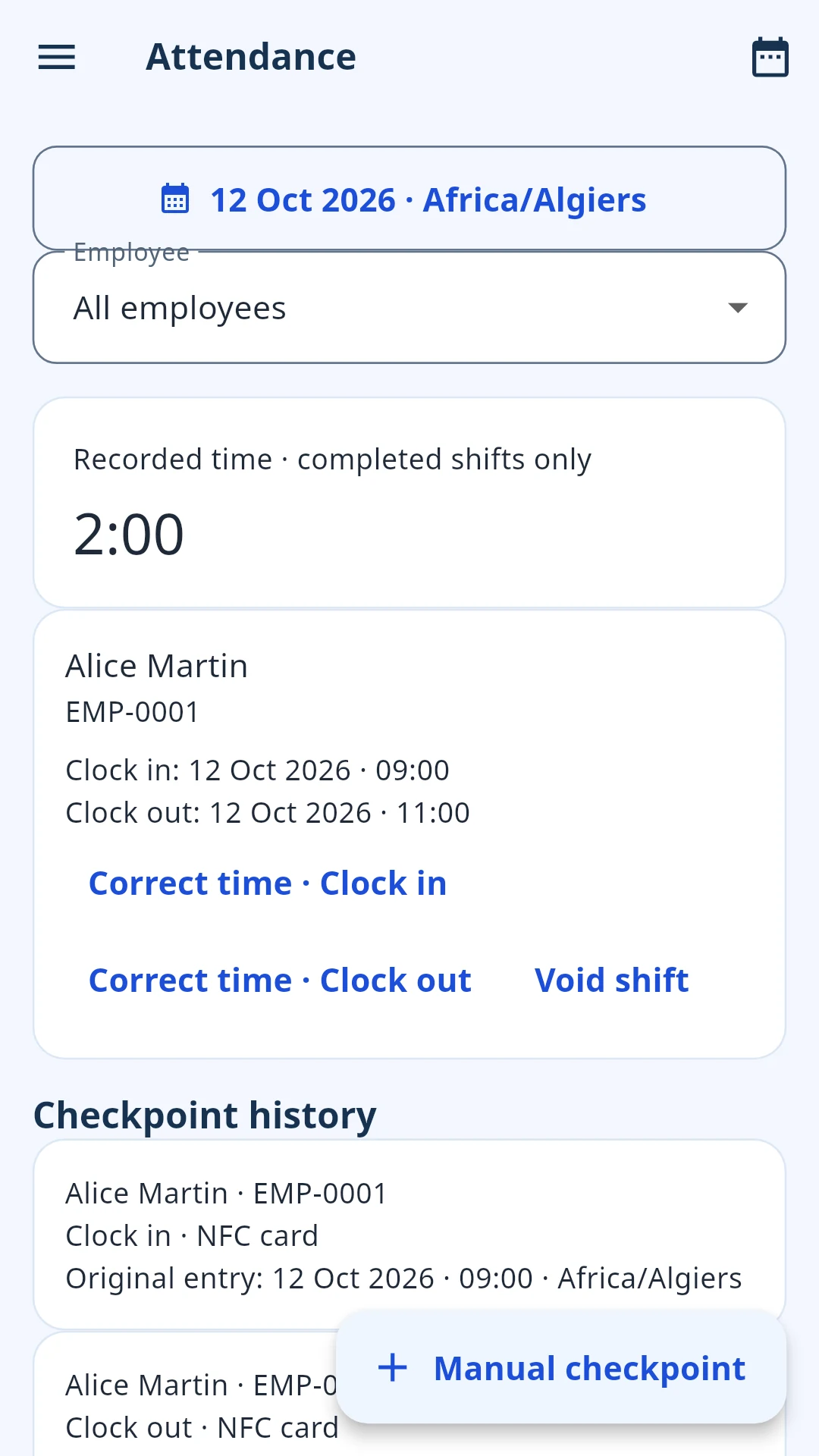 Staffly app screen — Attendance & breaks