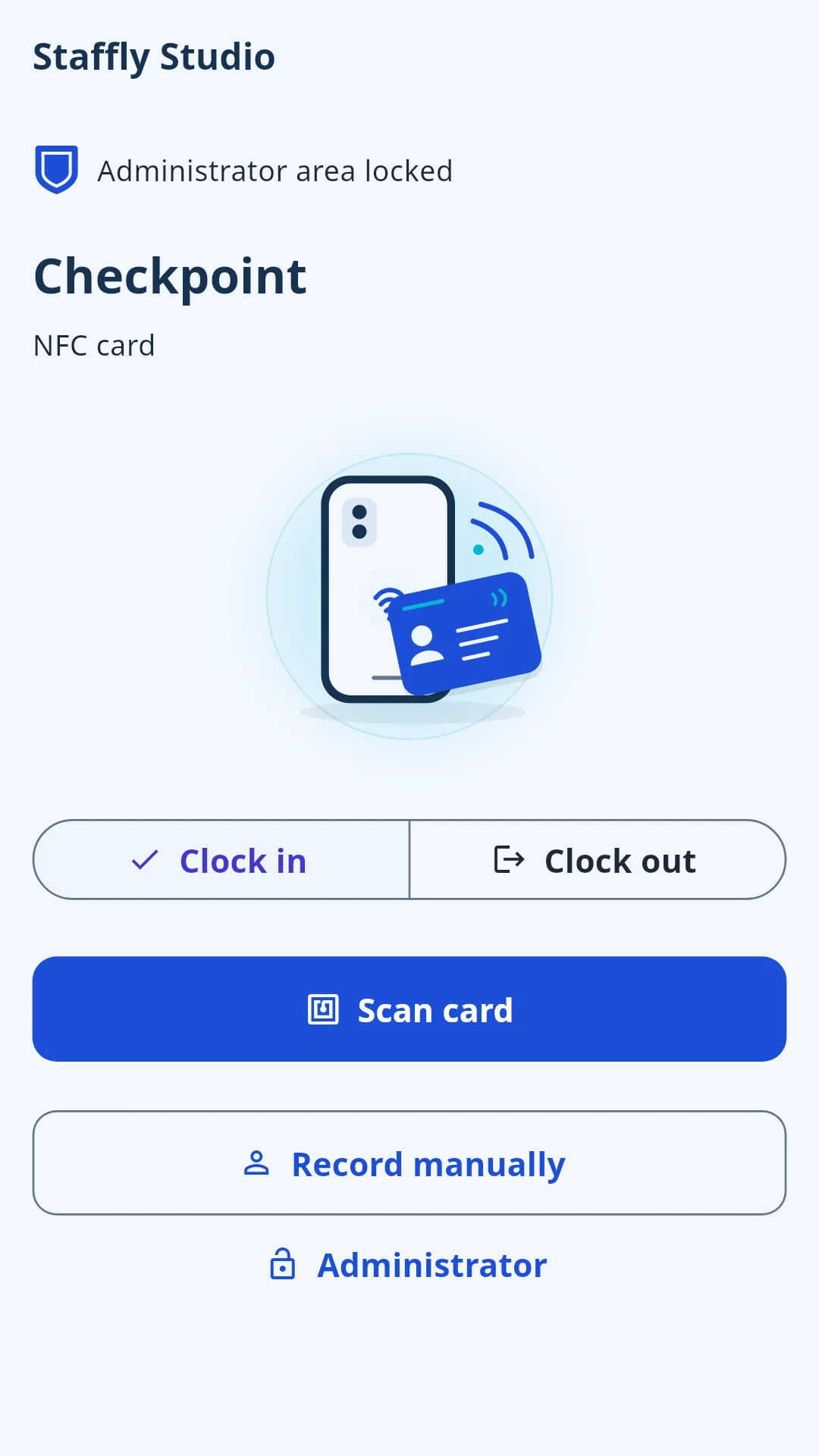 Staffly app screen — Attendance & breaks
