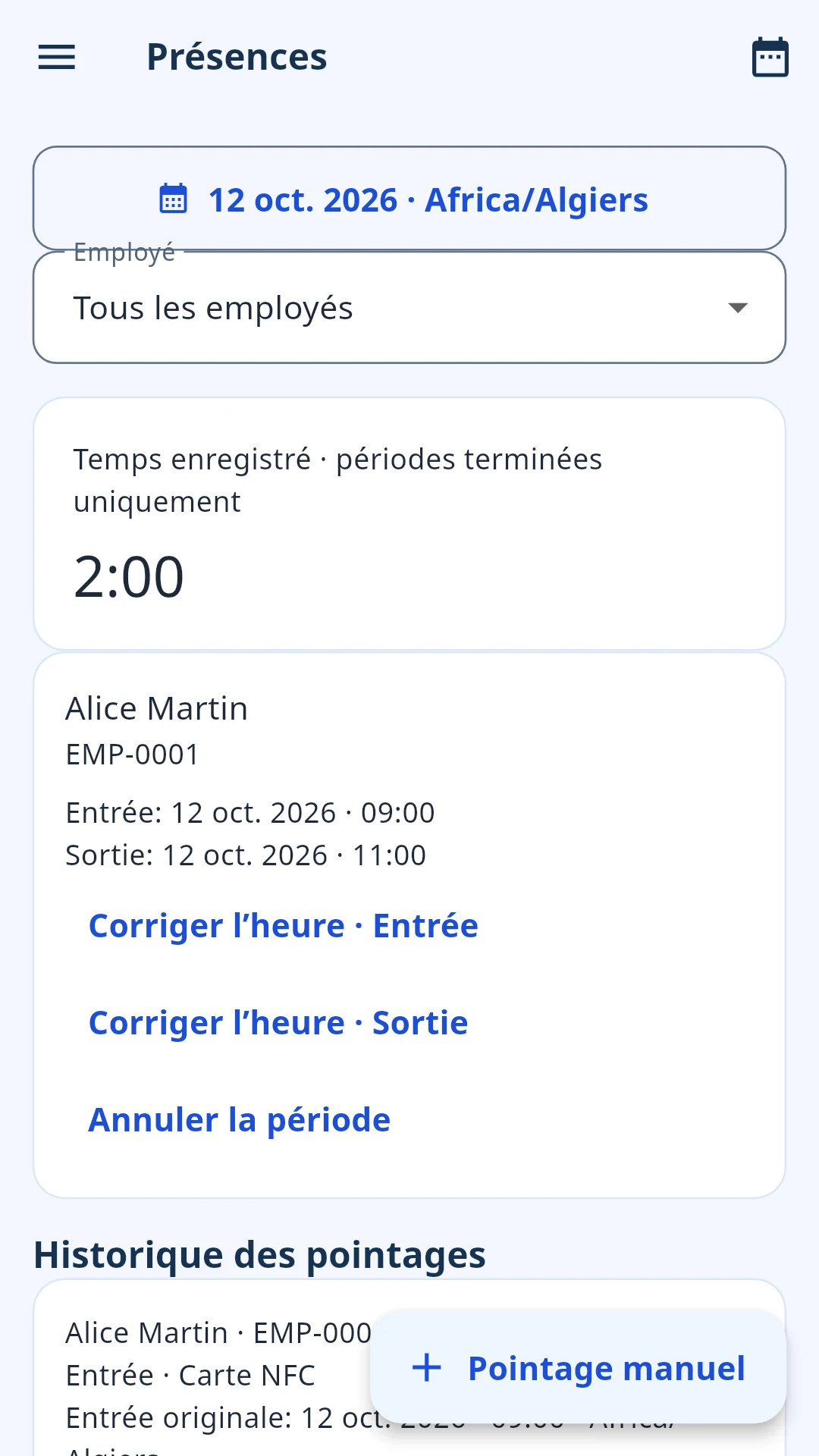 Écran de l’application Staffly — Présence et pauses