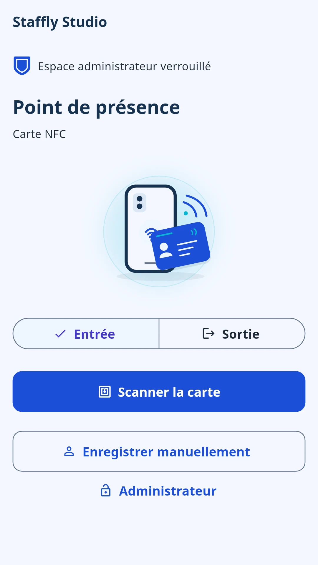 Écran de l’application Staffly — Présence et pauses